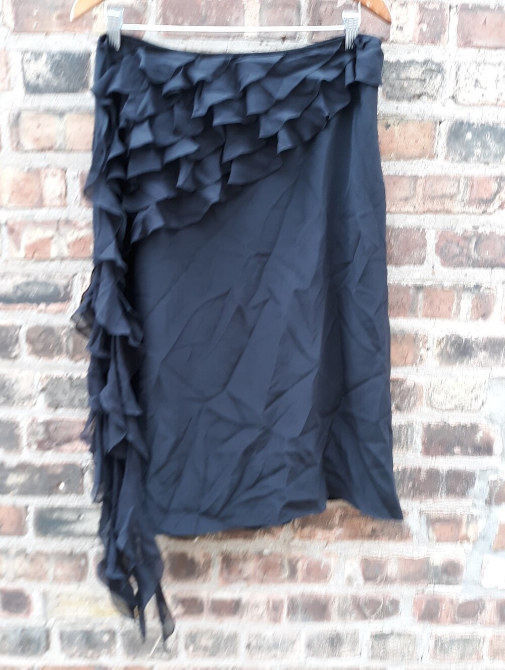 Saja Vintage 100% Silk Black Asymmetric Ruffle Maxi Skirt Size 14 Romantic